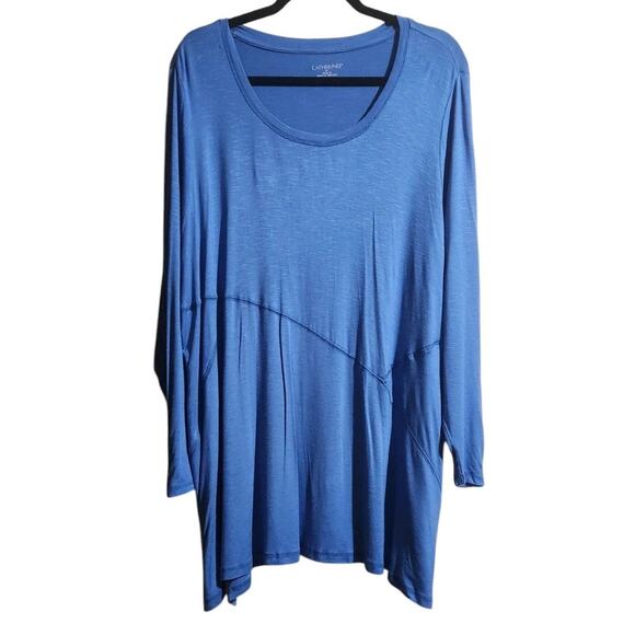 Catherines Sz 1X Shirt Top Blue Travel Stretch 3/4 Snap Sleeve Long Tunic Artsy - Picture 1 of 10